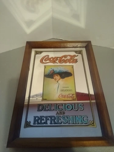 VTG 14x9.5" COCA COLA MIRROR PLAQUE.DELICIOUS AND REFRESHING.MADE IN ENGLAND.
