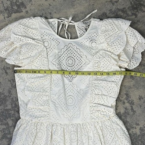 Mini abito da sposa nuovo con etichette Sea New York Vienne bordo occhiellato volant bianco taglia M - Foto 12 di 16