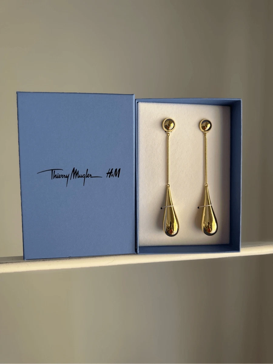 MUGLER H&M GOLD-COLORED STUD CHAIN POLISHED TEARDROP DROP DANGLE 