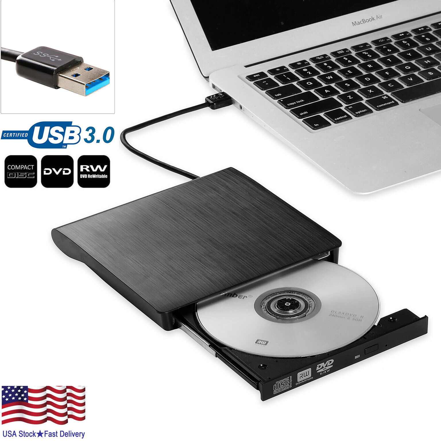 Motel svindler pyramide Slim External CD/DVD Drive USB 3.0 Player Burner Reader for Laptop PC Mac  HP | eBay
