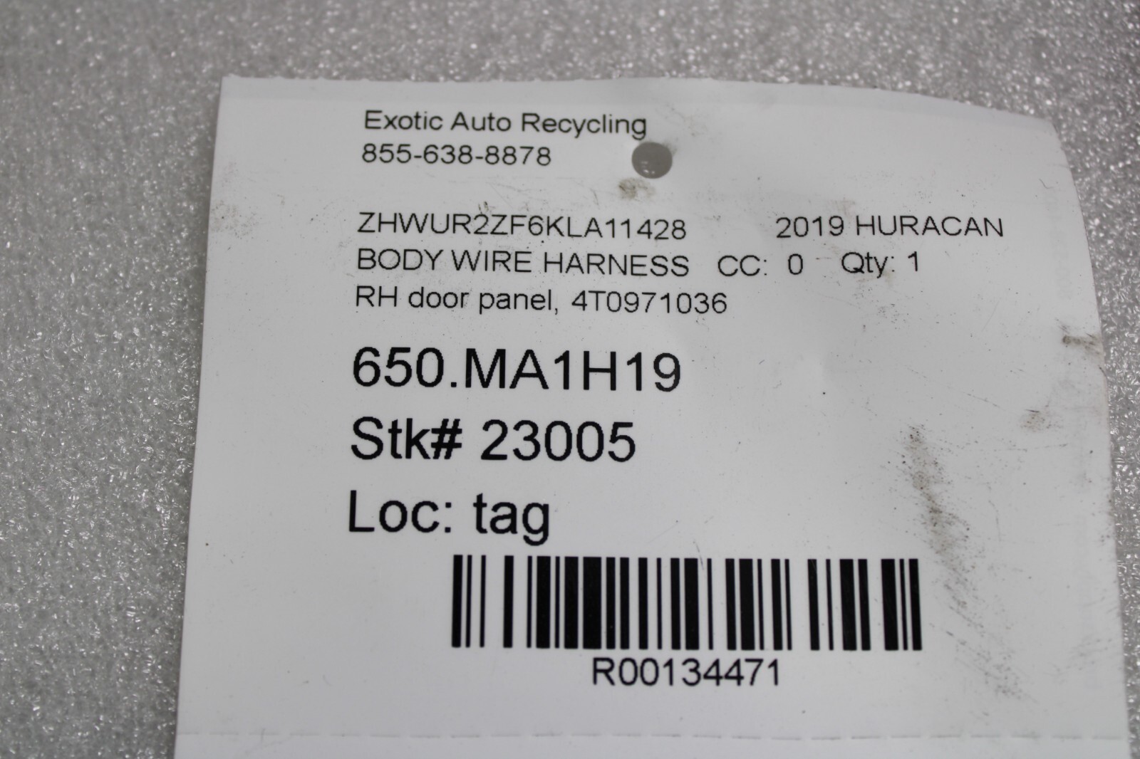 Lamborghini Huracan, LP610, LP580, RH, Door Wire Harness, Used, P/N 4T0971036
