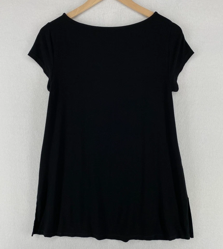 EILEEN FISHER Top S Stretch Viscose Jersey Tunic Boat Neck Cap Sleeve Black USA - Image 3 of 4