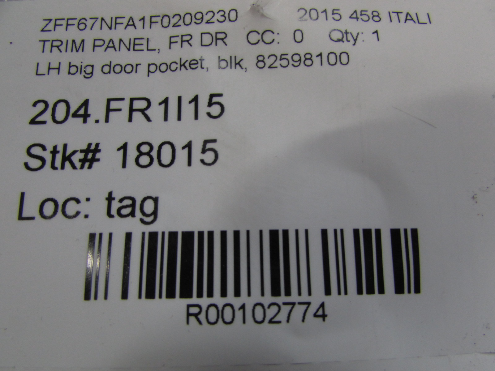 Ferrari 458 Italia , LH, Left, Trim Panel, Black, Used P/N 82598100