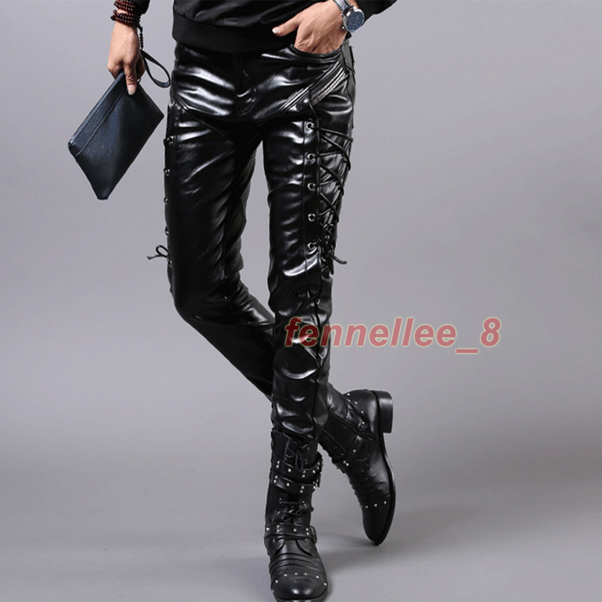 Mens Punk Zipper Motorcycle Leather Pants Skinny Slim Lace Up