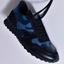 Valentino Garavani Camouflage Rockrunner Blue Black leather sneakers 44 Uk 10