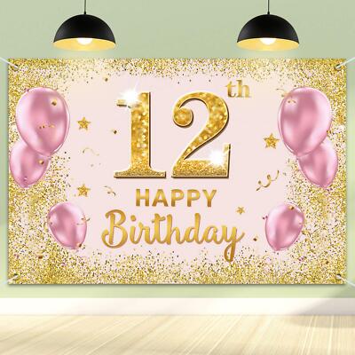 PAKBOOM Happy 12th Birthday Backdrop Banner - 12 Birthday Party Decorations S...