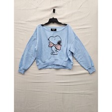 Peanuts Snoopy Light Blue Off Shoulder Graphic Sweatshirt Pink Glitter Bow M