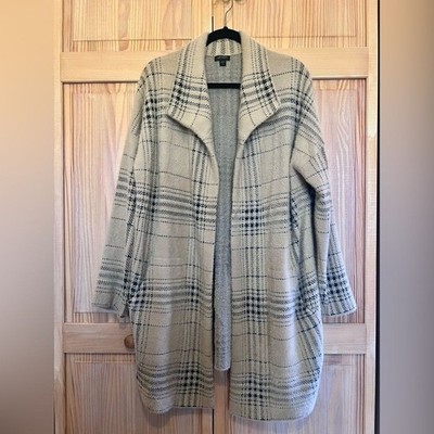 J jill women's long sweater coat beige plaid size Large Petite