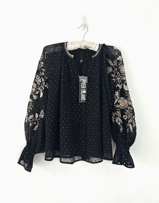 River Island Top Embroidered Gold Sheer Buttoned Balloon Sleeve Size 10 BNWT