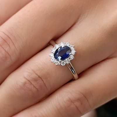 Oval Blue Sapphire Halo Engagement Ring | 925 Sterling Silver Wedding Promise Ri