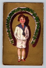 Young Sailor Boy Under Clover Horseshoe Boy Postcard Embossed Gilded 