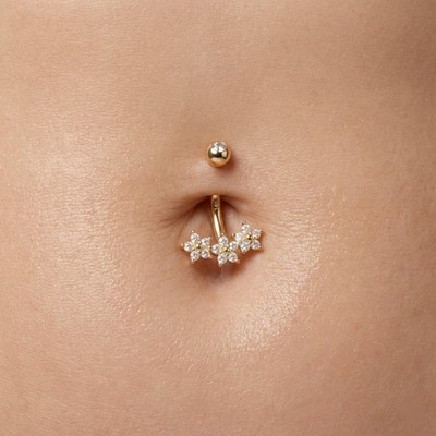 925 Silver Floral Belly Ring Diamond Flower Navel Piercing Belly Ring For Her