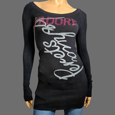 Y2K Joshua Perets Mini Sweater Dress size XS Black Pink Rhinestones Emo Mcbling