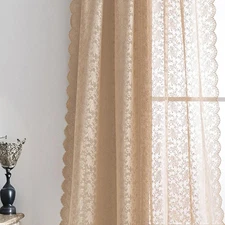 Beige Lace Curtains 84 Inches Long, 2 Panels Country Rustic Floral Vintage Be...