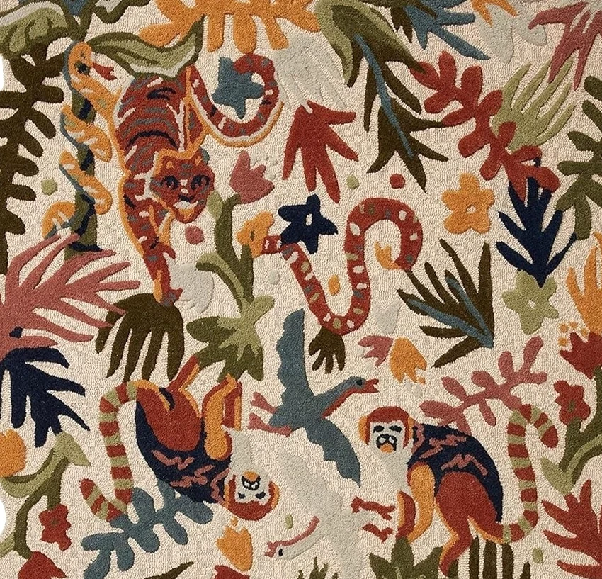 Tapetes de área de lã feitos à mão com design floral de folhas e animais - Imagem 2 de 4