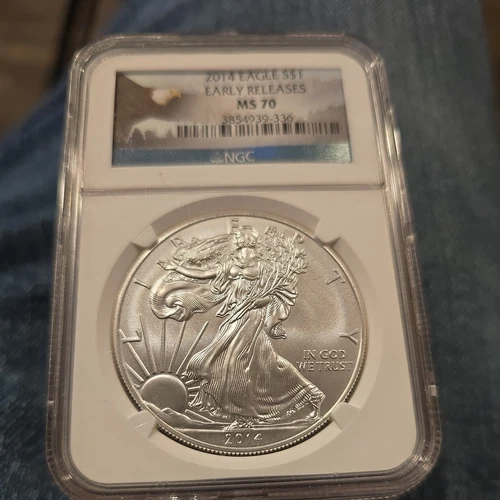 2014 $1 American Silver Eagle  NGC MS70 Early Release Blue Scales Label