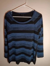 AB Studio Sweater Women's Size Medium Long Sleeve Blue/Black Stripe Sheer Back 