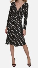 Halston Women's Black Polka-Dot Long-Sleeve Midi Dress Size L