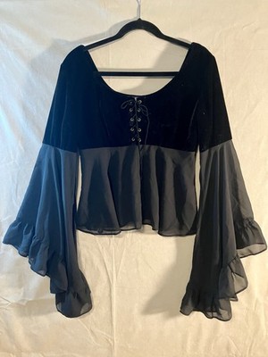 PYRAMID COLLECTION Sm Black Lace Up Velvet Bodice Top Sheer Bell Sleeve Goth Y2K