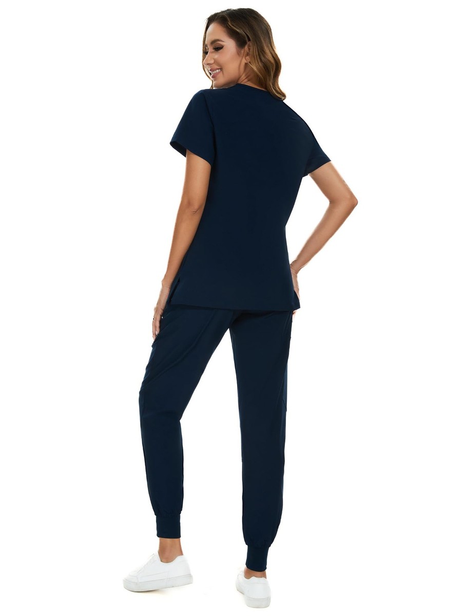 Meichoon Scrubs voor Vrouwen Set Medische Kleding Lieve V-hals Top met 3 Zakken Stretch Yoga Jogger Broek Zweetafvoerend Lichtgewicht DK08, Zwart, XL