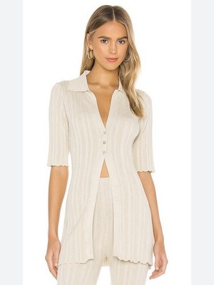 The Line by K Daisy Rib Knit Button Front Cardigan Top in Sand Small