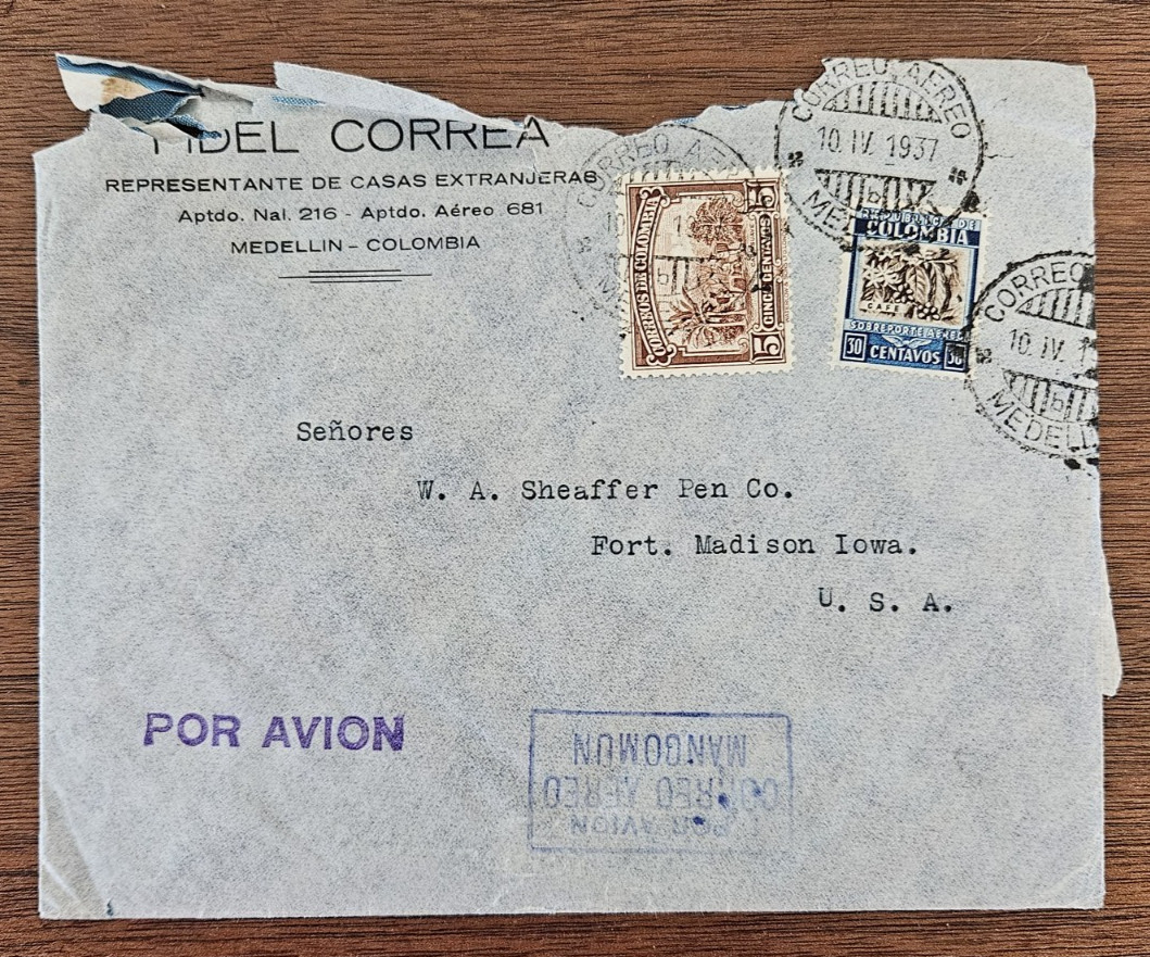 1937 Colombia to USA Airmail cover 2 stamps (30 & 5) Medellin to Ft. Madison, IA