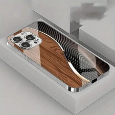 Urgalaxy Wood Grain Tempered Glass Plating Case For iPhone16/15/14/13/12 pro Max