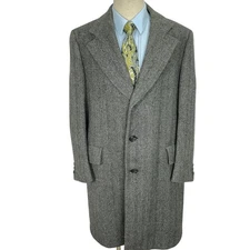 Hart Schaffner Marx 46 Overcoat Men Gray Black 70s Herringbone Wool Dress Coat