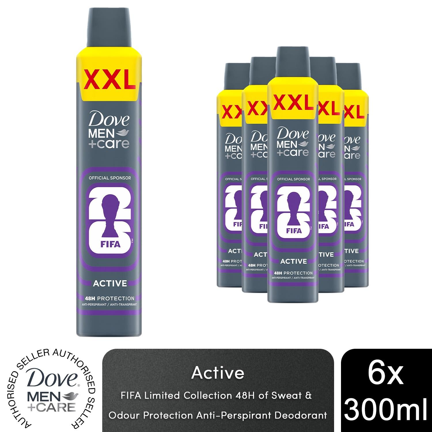 Dove Men+Care FIFA Active XXL Anti-Perspirant Aerosol Deodorant Spray 300ml, 6PK