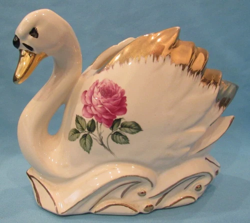 VINTAGE McCOY POTTERY WHITE GLAZED WITH ROSE AND GOLD TRIM SWAN PLANTER PLANTERS