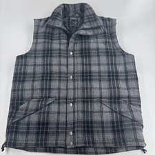 Saks Fifth Avenue MENS Black Gray Plaid Full Zip Snap Polyester Wool Vest SIZE M