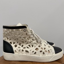 Chanel Black Cream Floral Laser Cut Leather and Patent CC High Top Sneakers Wmns