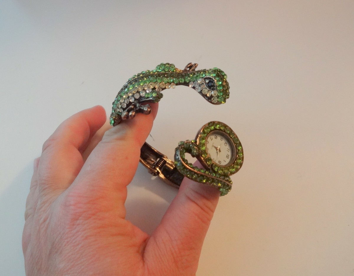 Vtg Green Rhinestone Hidden Lizard Bangle Clamper Watch  display picture 2
