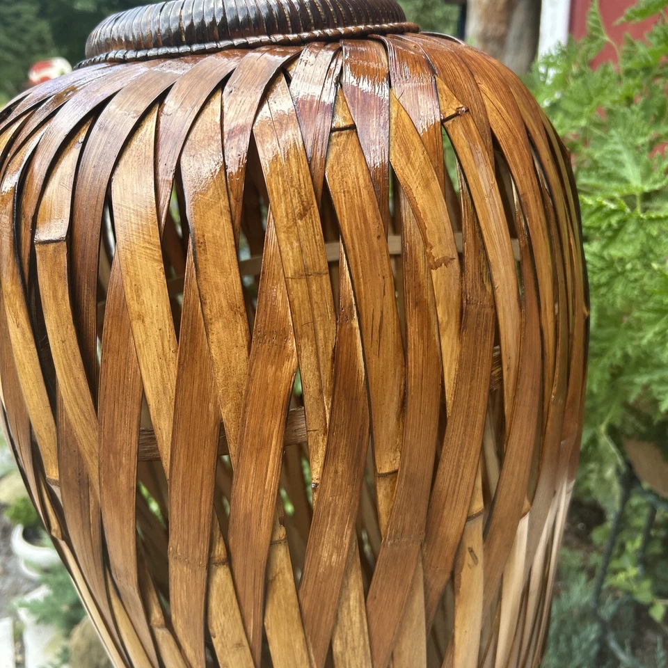 MASSIVE 30" VIntage Hand Woven Asian Bamboo Floor Vase Basket Wooden Base - Image 3 of 4