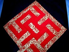 Vintage Handmade Christmas Table Runner Patchwork Red Metallic Gold 18x48" Nice