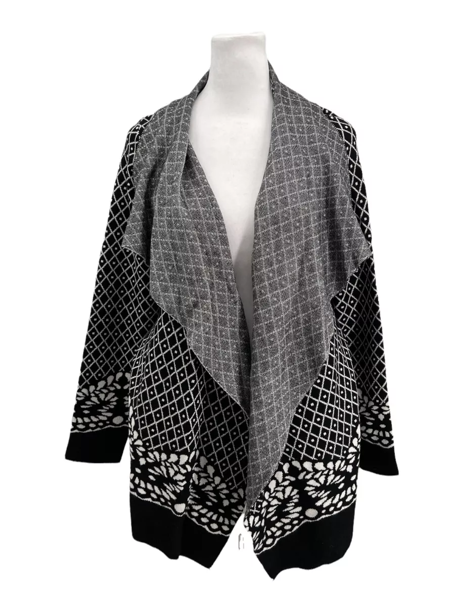 Sioni Black White Diamond Floral Open Front Cardigan Sweater Womens Sz Small