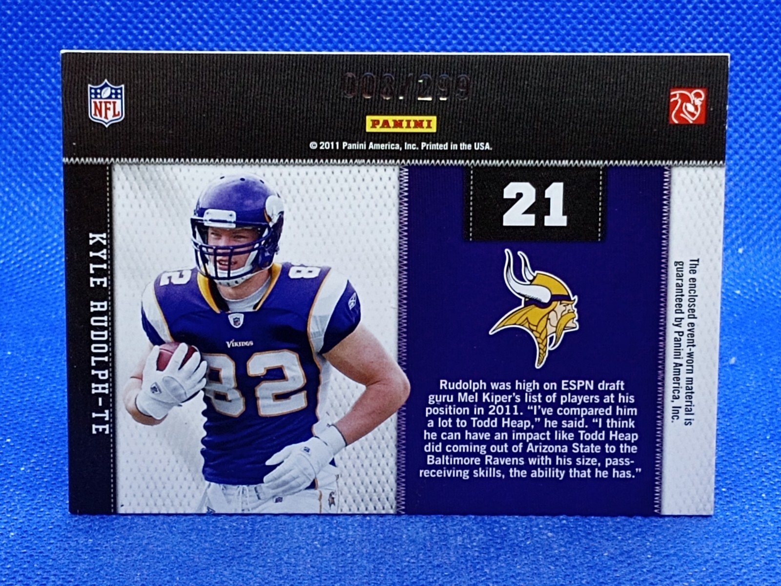 Kyle Rudolph Rookie Card 2011 Panini Threads - Rookie Collection Materials Kyle Rudolph #21 /299 ...