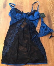 Frederick's Of Hollywood Black  Blue Slip Babydoll With Panty Set Size S NWT