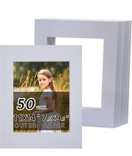 50 Pack Acid-Free White Pre-Cut 11x14 Picture Mat for 8x10 Photo with White Core