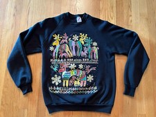 Vintage Christmas Sweatshirt Reindeer Crewneck Jerzees USA Black Adult Large