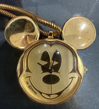 JAZ Disney Vintage Mickey Mouse Face Pendant Watch With Necklace Gold Tone RARE