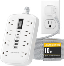 10Ft Extension Cord with Multiple Outlets, Flat Plug Surge Protector Power Strip
