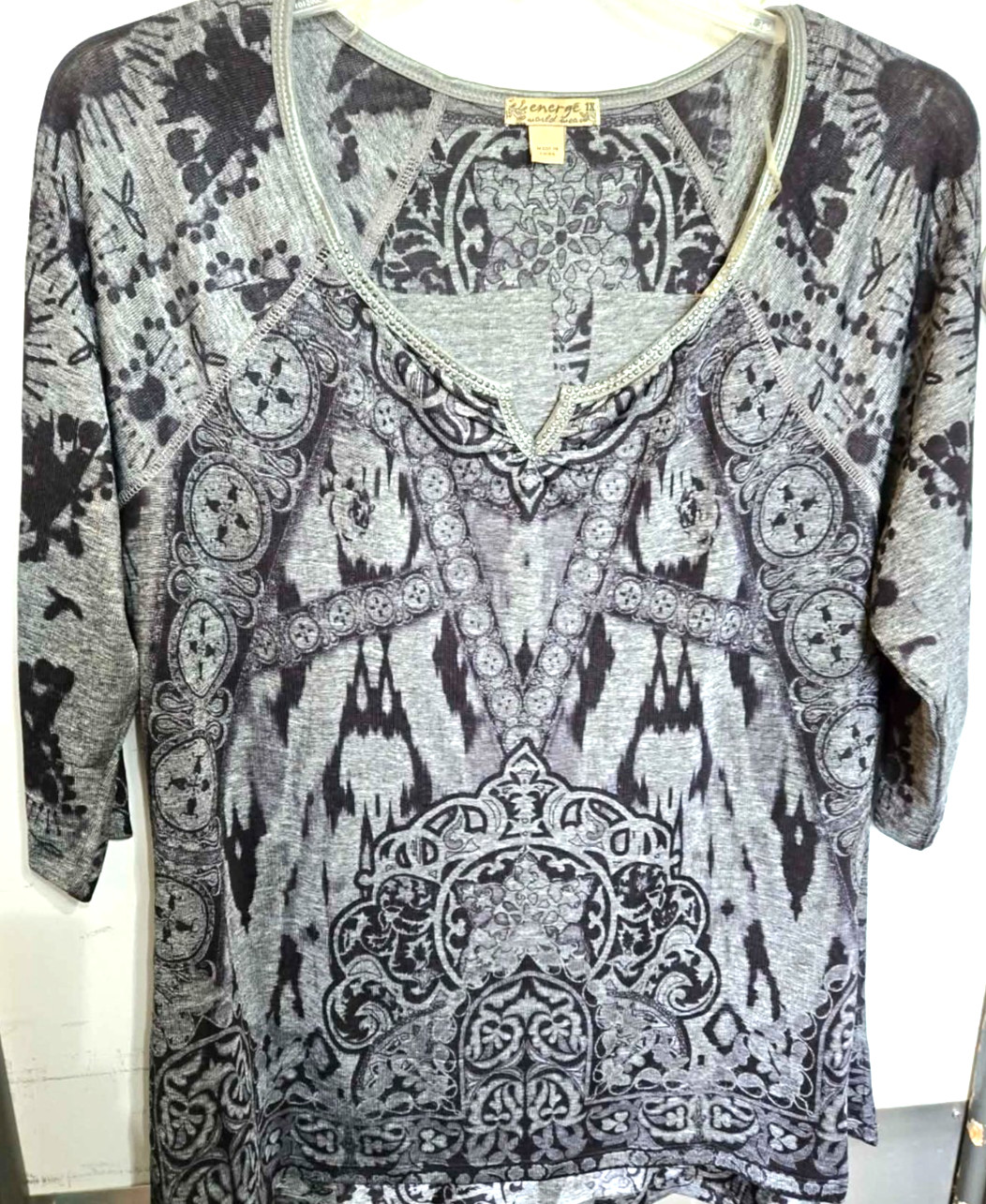 Energe World Wear Women Plus 1X Bohemian Top Celestial 3/4 Sleeve Festival A150