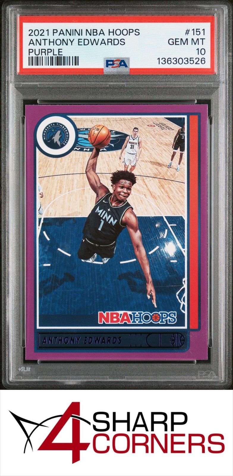 2021 PANINI NBA HOOPS PURPLE #151 ANTHONY EDWARDS POP 4 PSA 10