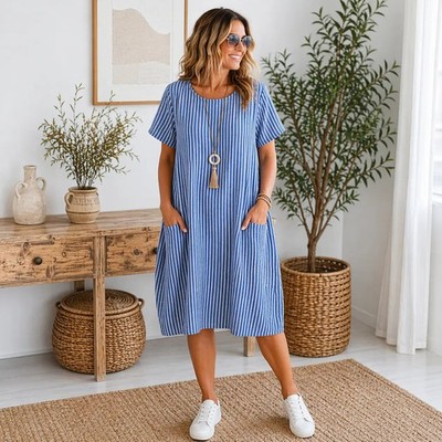 Italienisches Sommerkleid Damen Lagenlook leichte Baumwolle Streifen Tunika