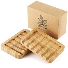 Shampoo Bar Holder Bamboo Soap Dish for Shower Wood Beige 2 Pack