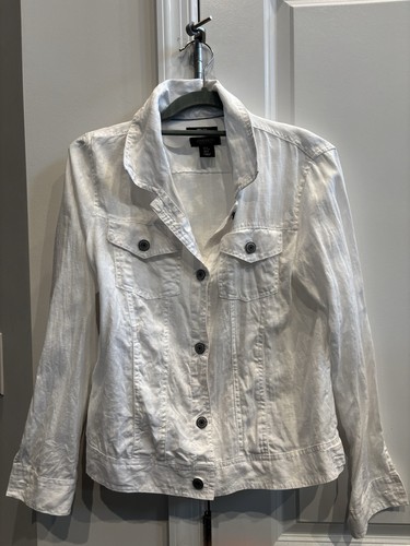 Jones New York Linen Denim Jacket Style Pockets Siver Buttons Size: S