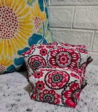 Floral Pattern Fabric Makeup Bag Set, Zipper Closure, White Pink Black