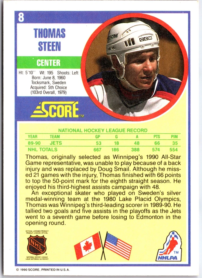 1990-91 Score Hottest and Rising Stars #8 Thomas Steen - Image 2 of 2