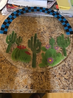 Peggy Karr Signed Black & Blue Checkered Rim Cactus Landscape Glass Rnd. Platter
